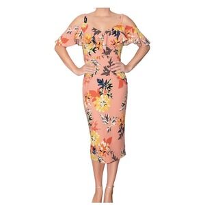 Rachel Roy Size Medium Lined Marcella Midi Dress Coral Peach Spring Macro Floral